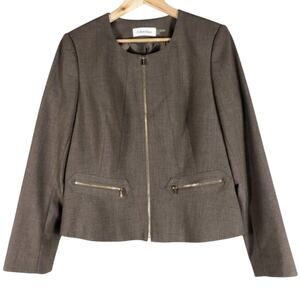 Calvin Klein Jacket Womens 14 Taupe Brown Zip Front Business Casual Minimalist